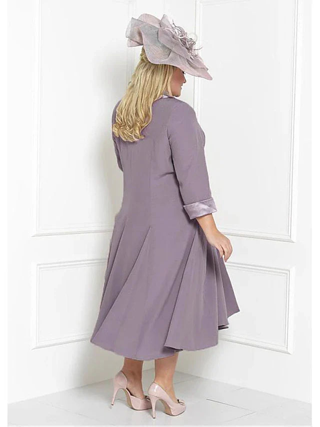 Wholesale Two Piece Sheath / Column Mother of the Bride Dress Church Plus Size Wrap Included Square Neck Tea Length Charmeuse 3/4 Length Sleeve with Sash / Ribbon Ruching